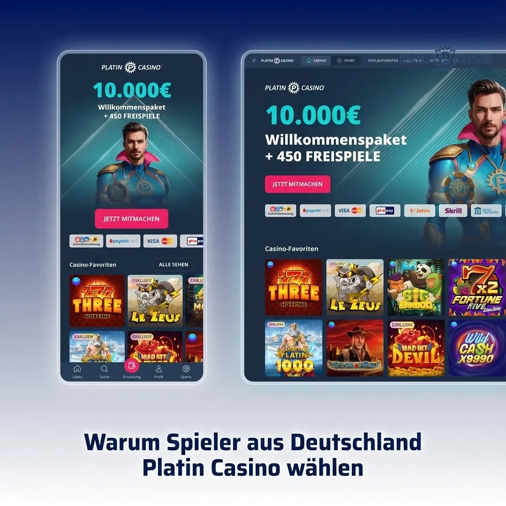 Platin Casino interface showing German localization, payment options, and gaming features for German players